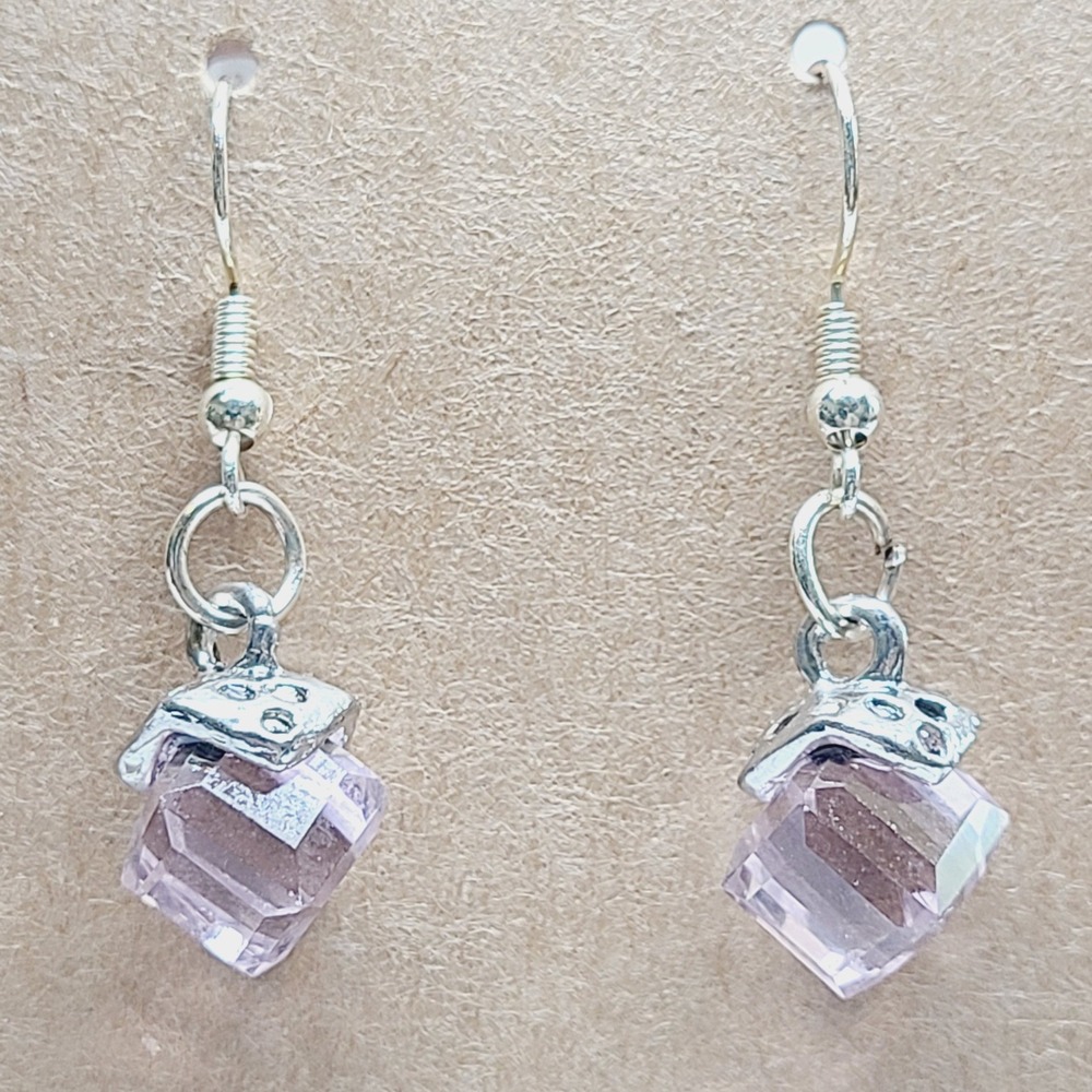 Pale Pink Faceted Crystal Cube Drop Earrings Silver Tone Fishhook Dangle